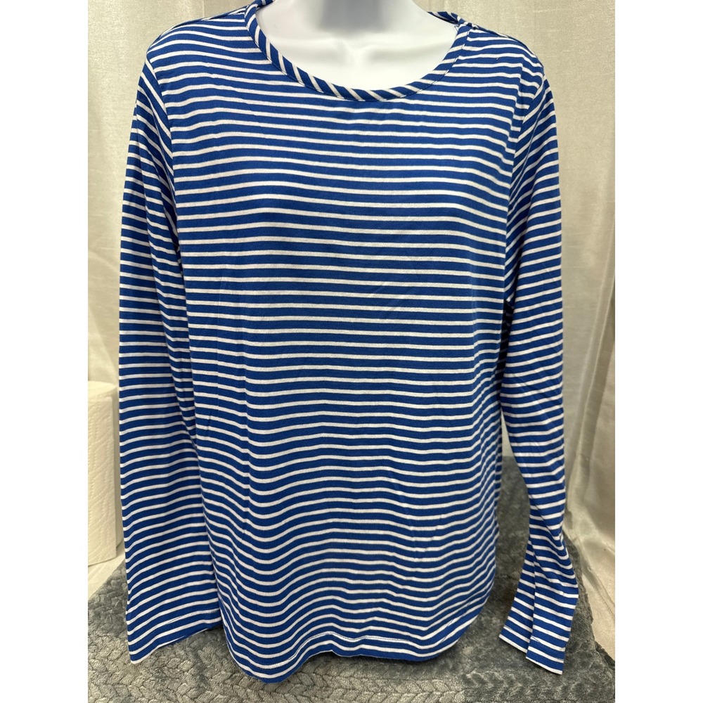 For Cynthia Womens XL Blue White Striped Long Sleeve Crew Neck Shirt Curvedโ Hem